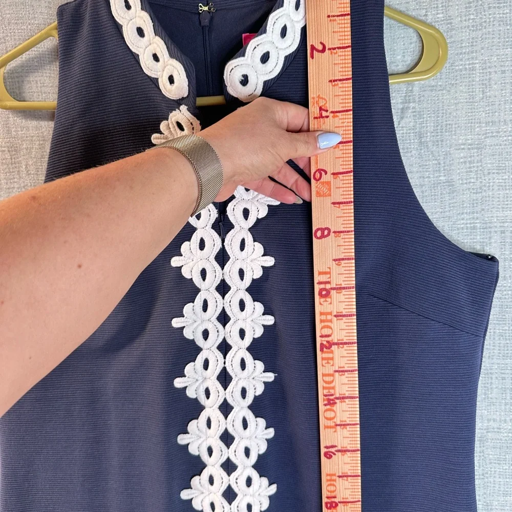 Lilly Pulitzer Callista Shift Dress Navy Blue White Lace High Neck Mini 2zippers - Picture 11 of 12